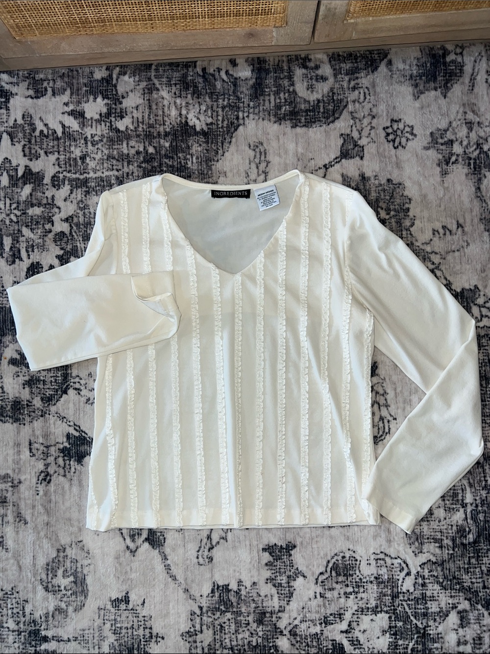 Ingredients Cream V-Neck Long Sleeve Lace-Striped Top